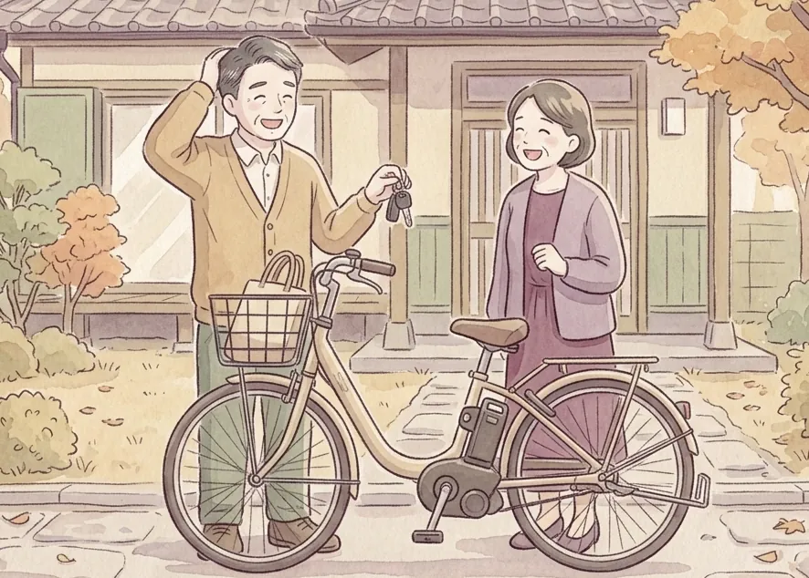 自転車のそばで笑い合う夫婦